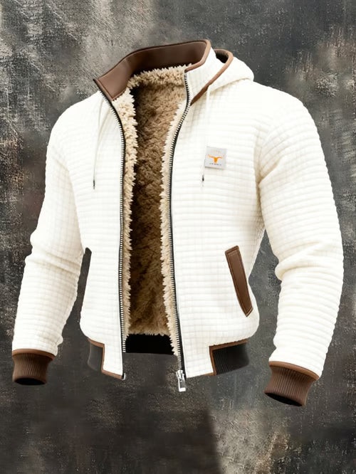 Chaqueta outdoor de hombre con estructura retro y estampado de cuadros cuadrados, cuello doble, cálida y con múltiples bolsillos