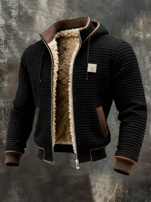 Chaqueta outdoor de hombre con estructura retro y estampado de cuadros cuadrados, cuello doble, cálida y con múltiples bolsillos